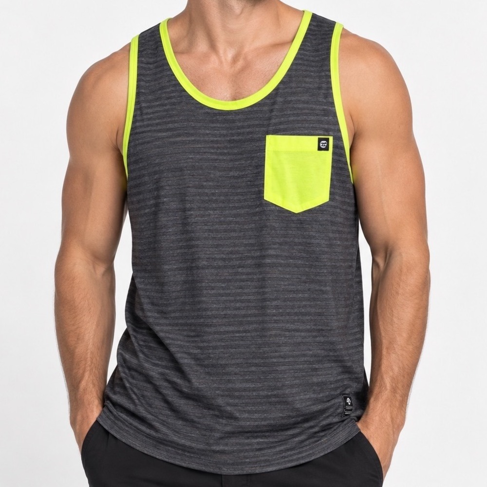 Billabong Men's XL Gray Neon Yellow Pocket Tank Top Surf Skate Beach Cotton